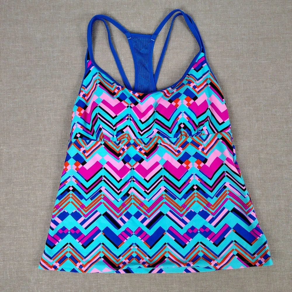 NWT Womens L Be Inspired Tankini Top Multicolor Chevron Geometric Gorpcore Y2K